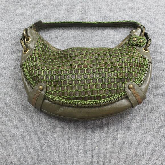 Isabella Fiore Handbags - Isabella Fiore Shoulder Bag Large Woven Pine Cone Green Leather Boho Grommet